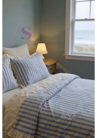 Mavi-bej % 100 Pamuk Fırfır İplik Boyalı Çift Kişilik Nevresim Takımı,modern Çizgili Nevresım Seti Mavi - Bej