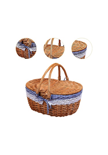 Homyl Piknik Sepeti Kırsal Pratik Hasır Depolama Park Açık Mavi Kareli Çok Renkli