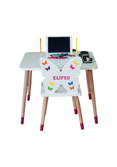 Liva Ahşap Çocuk Aktivite Masa Sandalye Takımı 1 Masa + 1 Sandalye Beyaz - Pembe