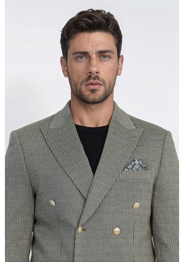 Çizgili Kruvaze Tek Ceket Yeşil