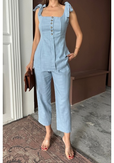 Modasize Şantuk Keten Yelek Görünümlüaskılı Bluz - Pantolon Tk - Mavi Mavi