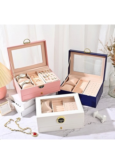 Dışı Deri İçi Kadife Kilitli Çekmeceli Takı Bijuteri Mücevher Kutusu Organizer Düzenleyici Beyaz İth