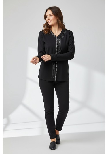 Kadın Önü Kapalı Düğme Detaylı Taşlı Nergis Mevsimlik Bluz Siyah