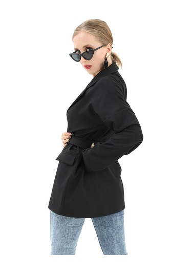 Düşük Omuz Kemerli Atlas Kumaş Blazer Ceket - Siyah-siyah Siyah