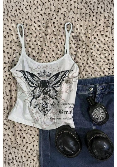 Beyaz Gotik Skull Butterfly Harajuku Y2k Askılı Crop-18709 Beyaz