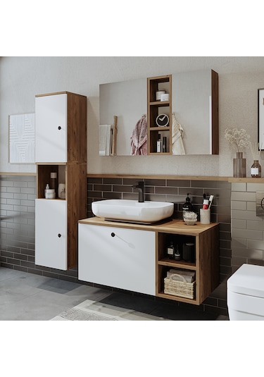 "lavabolu" Mdf 95 Cm Çekmeceli Lotus Oval Lavabolu Banyo Dolabı Atlantik Çam - Beyaz