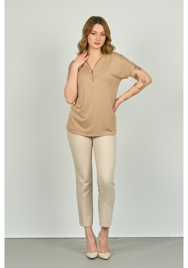 Ella Camelia Kadın Fermuarlı Kısa Kol Bluz 20e038 Vizon