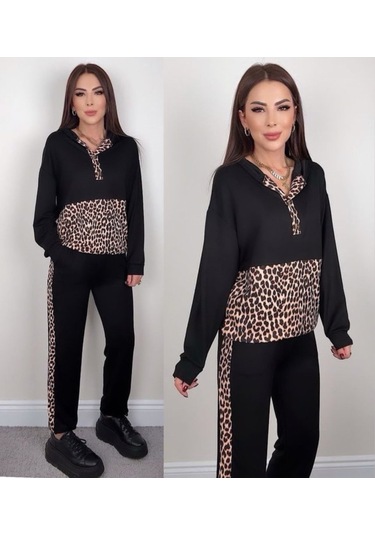 Modaserdem Kadın Uzun Kollu Leopar Detay Sweat Ve Yanı Leopar Şerit Detay Pantolon Ikili Takım Siyah