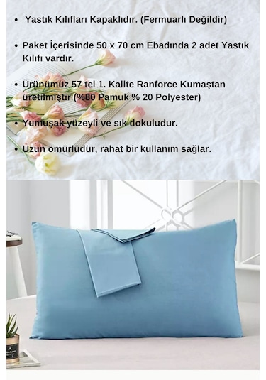 Mavi Renkli Pamuklu Ranforce Kumaştan Yastık Kılıfı 2 Adet