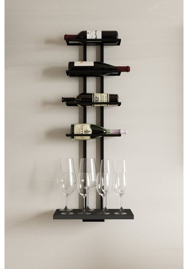 Aju Şaraplık Ve Kadeh Rafı Duvara Monte Şarap Mahzeni Modern Duvar Alkol Rafı Metal Ve Ahşap Tasarım Siyah