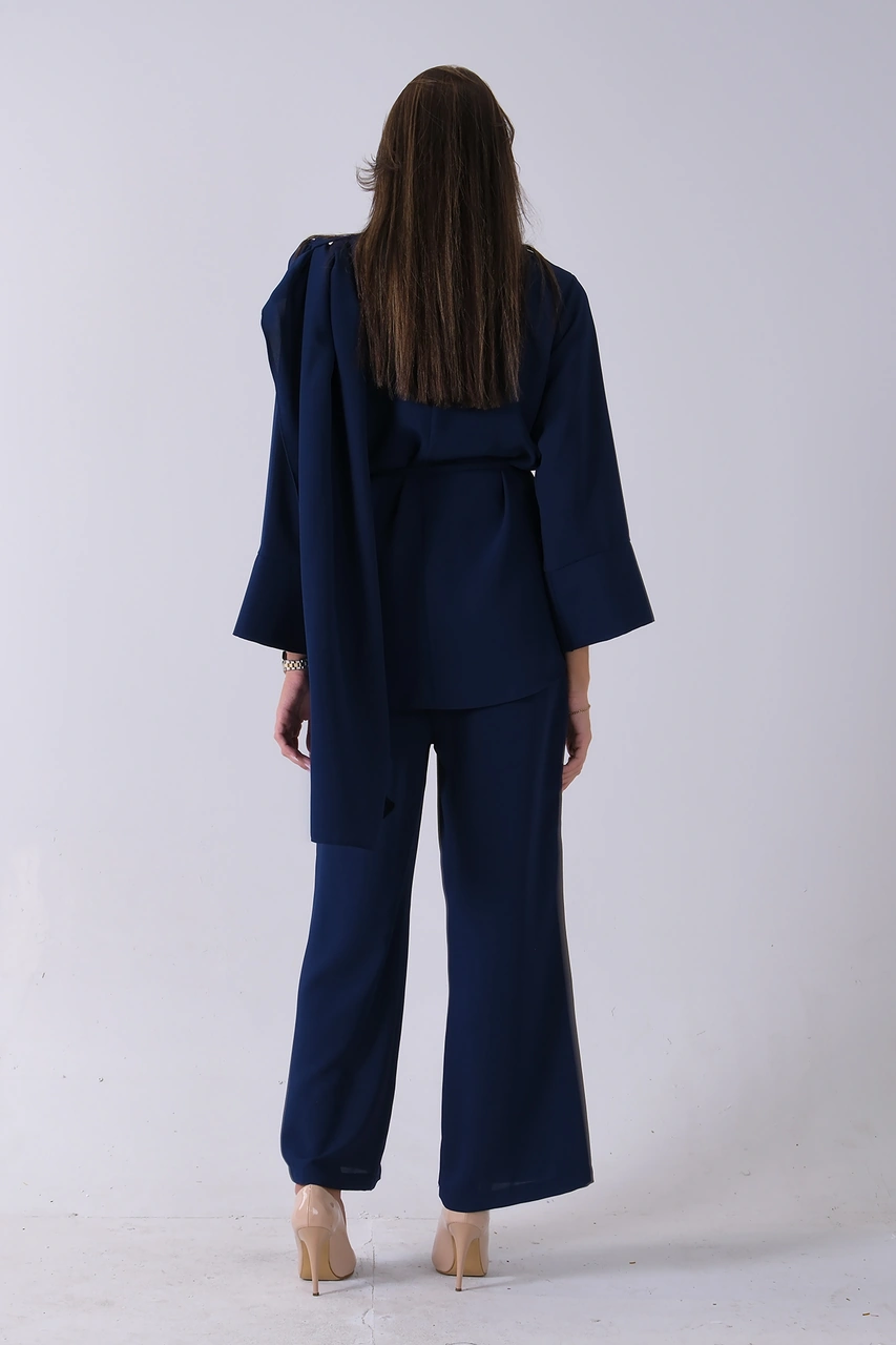 Feminist Lacivert Şal Yaka Üzeri Broş Detaylı Pantolonlu Takım 4592270.02 Lacivert