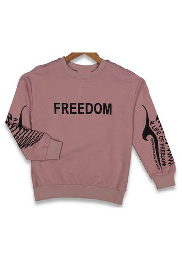 Kız Çocuk Önü Kolları Freedom Yazılı Pembe Oversize Kalıp Sweatshirt Koyu Pembe