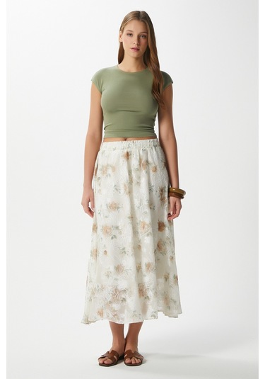 Kadın Rosary Astarlı Bel Lastikli Çiçek Desenli Etek Krem