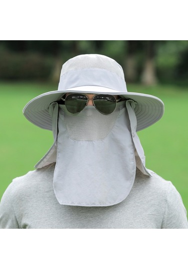 Çıkarılabilir Boyun Koruyucu Ve Yüz Siperliği Olan Geniş Kenarlı Ağızlı Güneşlik Şapka Gri