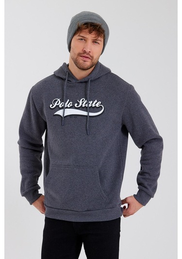 Erkek 3 İplik Pamuklu İçi Polarlı Baskılı Regular Fit Kapüşonlu Kanguru Cepli Antrasit Sweatshirt Antrasit