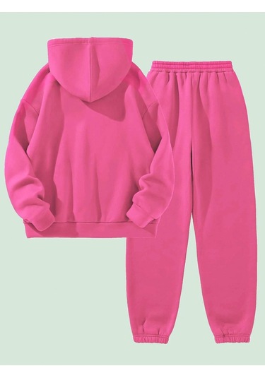 California Minimal Yazı Eşofman Takımı Sweatshirt Jogger - Pembe Baskılı Şardonlu Kapüşonlu Pembe