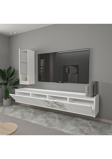 T007 Duvara Monte, Raflı Tv Ünitesi, Tv Sehpası - Ahşap Beyaz/mermer Ahşap Beyaz/mermer