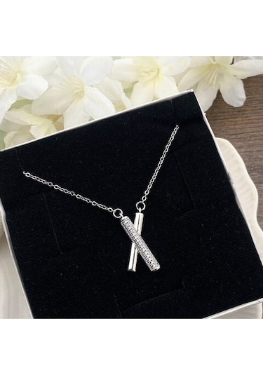 X Kolye Kadın Kolye Full Zirkon Taşlı Kolye 45cm Silver