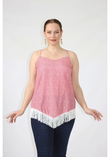 3280 Etnik Desenli Eteği Saçaklı İnce Askılı Yazlık Bluz Pembe