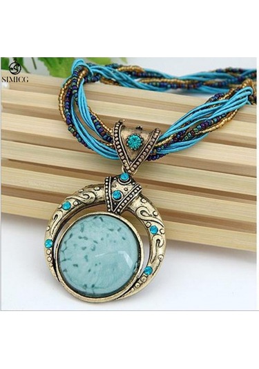 El Dokuması Bohem Pirinç Boncuklu Retro Etnik Tarzda Yuvarlak Değerli Taş Kolye Mavi