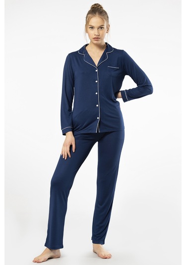 Türen 3365 Kadın Uzun Kollu Gömlek Yaka Pijama Takım-lacivert Lacivert