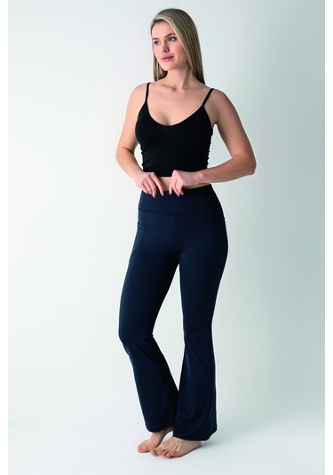 Lacivert Yüksek Bel Toparlayıcı Çift Cepli İspanyol Paça Tayt Lacivert