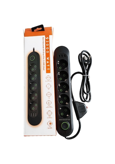 Termal Akım Korumalı 3000watt 5li Priz 3 Usb Li 1,5 Metre Priz 1.5 M