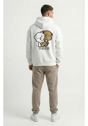Nevermind Unisex Oversize Ayıcık Baskılı Çift Hoodie Beyaz