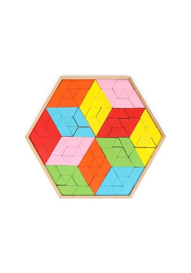 Ahşap 96 Parça Altıgen Tepsili Tangram Puzzle Oyunu