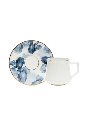 Evaliza Buket Mavi Çiçek 130ml 6 Kişilik Çay Fincan Takımı Mavi - Beyaz