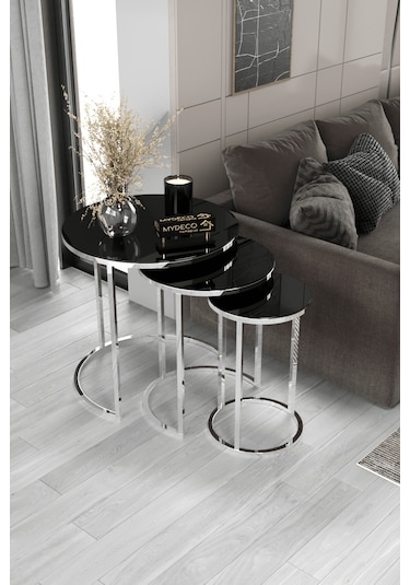 3'lü Zigon Sehpa Gümüş Ayak Siyah Ayna