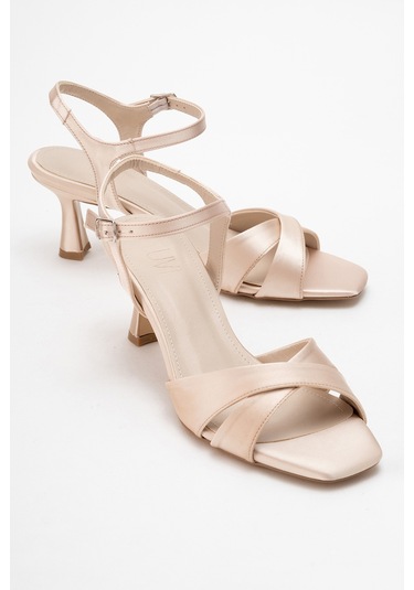 Melin Bej Saten Çapraz Bantlı Kadın Topuklu Ayakkabı Bej Saten