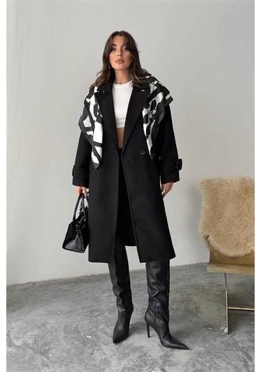 Neşeli Butik Kadın Kuşak Detaylı Astarlı Kaşe Kaban Nbg120 Siyah