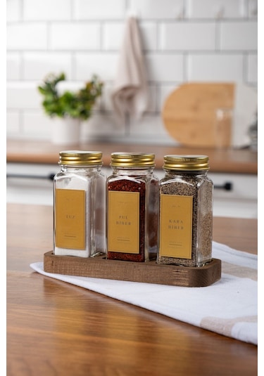 Mienda Home 3'lü Ahşap Standlı Cam Baharatlık Seti Gold Kapaklı Etiketli Baharatlık Takımı Gold - Şeffaf