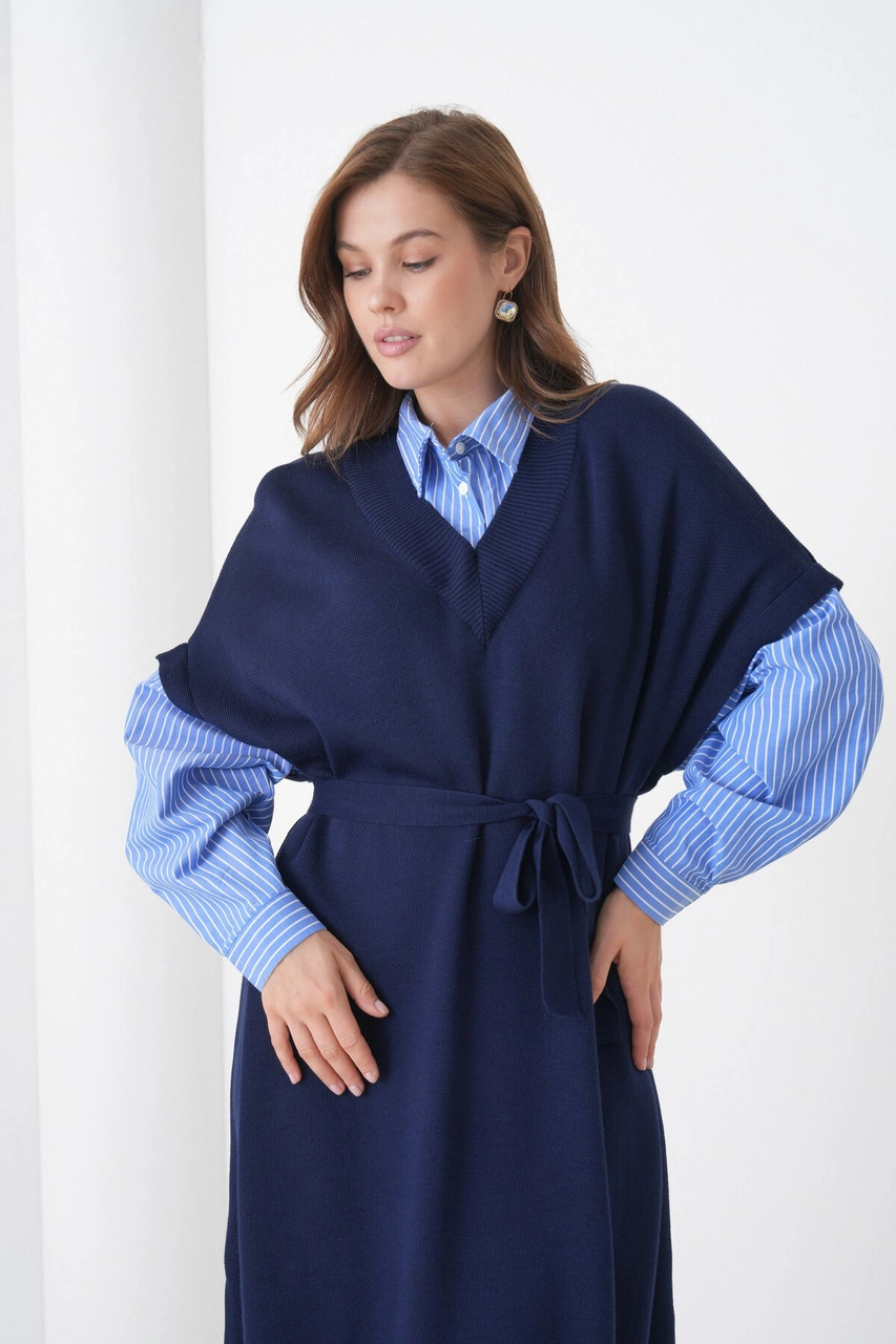 Kadın Uzun Kol Gömlek Yaka İçi Gömlekli Triko Kuşaklı Triko Spor Şık Elbise Lacivert