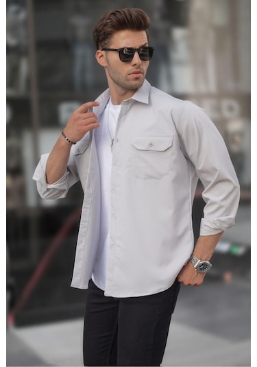 Madmext Gri Basic Regular Fit Erkek Gömlek 6716 Gri