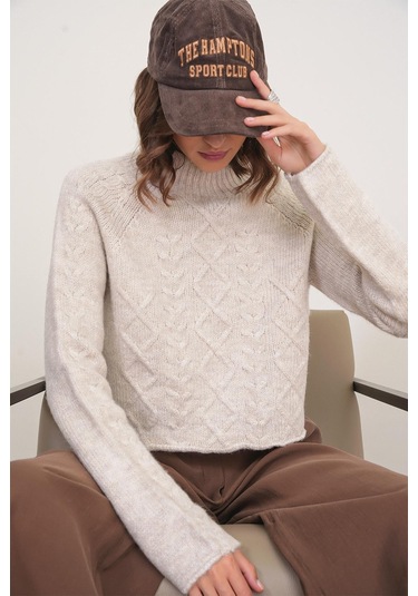 6855 Kadın Dik Yaka Saç Örgülü Triko Kazak Taş Taş