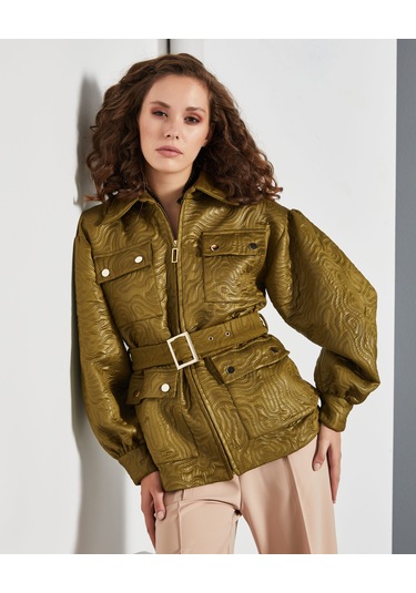 Kısa Kadın Mont - Cepli Ve Kemerli - Modern Ve Şık Tasarım - Günlük Ve Özel Gün İçin Mont Yeşil