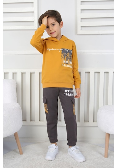 Moving Forward Kargo Cep Kapüşonlu 2 İplik Şardonlu Alt-üst Erkek Çocuk Eşofman Takımı Hardal