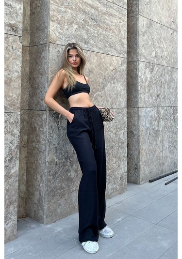 Keten Karışımlı Bol Kesin Pantolon