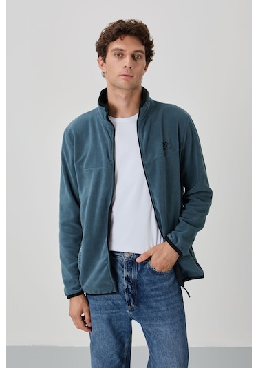 Tommy Life Petrol Yazı Nakışlı Dik Yaka Fermuarlı Standart Kalıp Erkek Sweatshirt Polar - 87992 PETROL