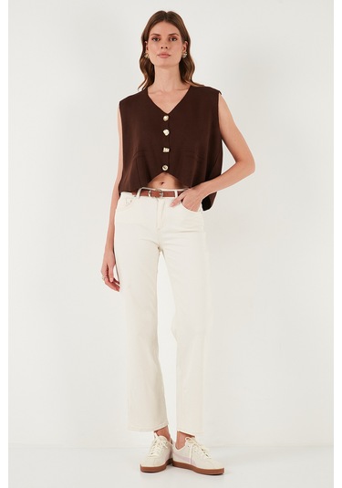 Lela Standart Fit V Yaka Düğmeli Triko Bayan Yelek 4616177 Kahve