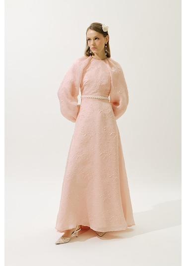 Jakar Organze Abiye Elbise Pudra Pudra