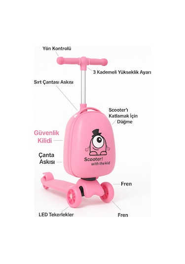 Heybee Luggages Heybee Sevimli Canavar Scooter Pembe Çocuk Valiz Diğer