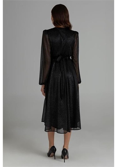 Dipmoda Kadın Kemerli Kruvaze Yaka Simli Gece Elbisesi Dpnbmy3590 Siyah