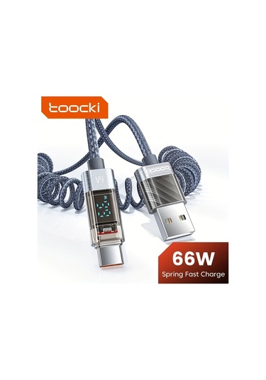 Xuweiwei Grey Usb-a To Type-c 1.8m 5.9ft Toocki Spring Kablosu 100w 6a Dijital Ekranlı Şarj Ve Veri Aktarım Kablosu