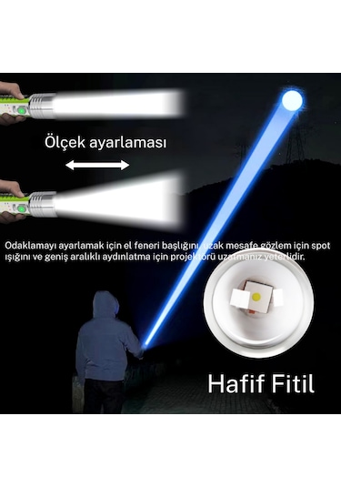 Gold Orion Or-520a Zoomlu Şarjlı El Feneri 50w Zoom Gücü 8 Mod Manyetik Tip-c Şarj Yeşil