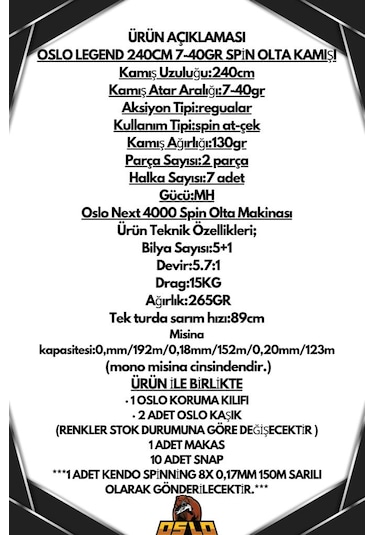 Oslo Next 4000 Oslo Legend 240cm 7-40gr 8x Spin Olta Seti Standart