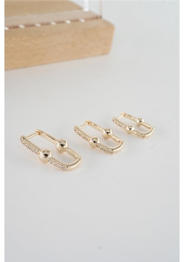 By Zeyna Aksesuar Kadın Vip Seri Antialerjik Baget Zirkon Taşlı 3'lü Küpe-5187 Altın