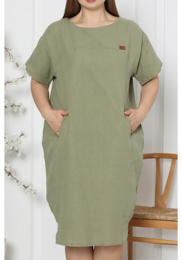 Kadın Tunik Gecelik Kısa Kollu Büyük Beden Cepli Keten Kiremit 92277 R11 Kiremit